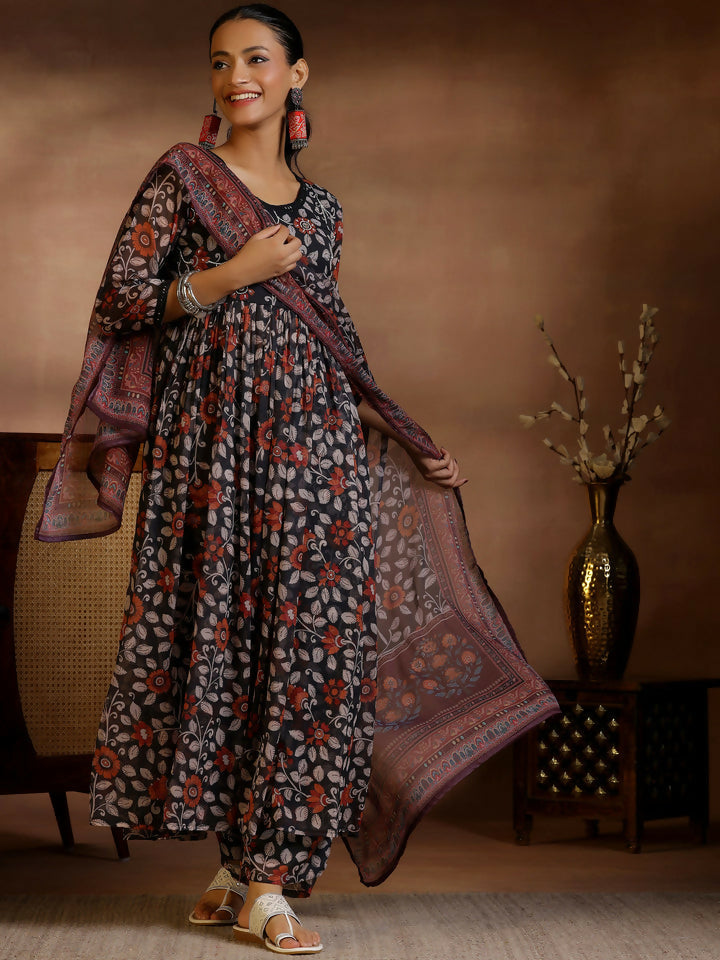 Women's LB Black Printed Poly Chiffon A-Line Kurta With Palazzos & Dupatta