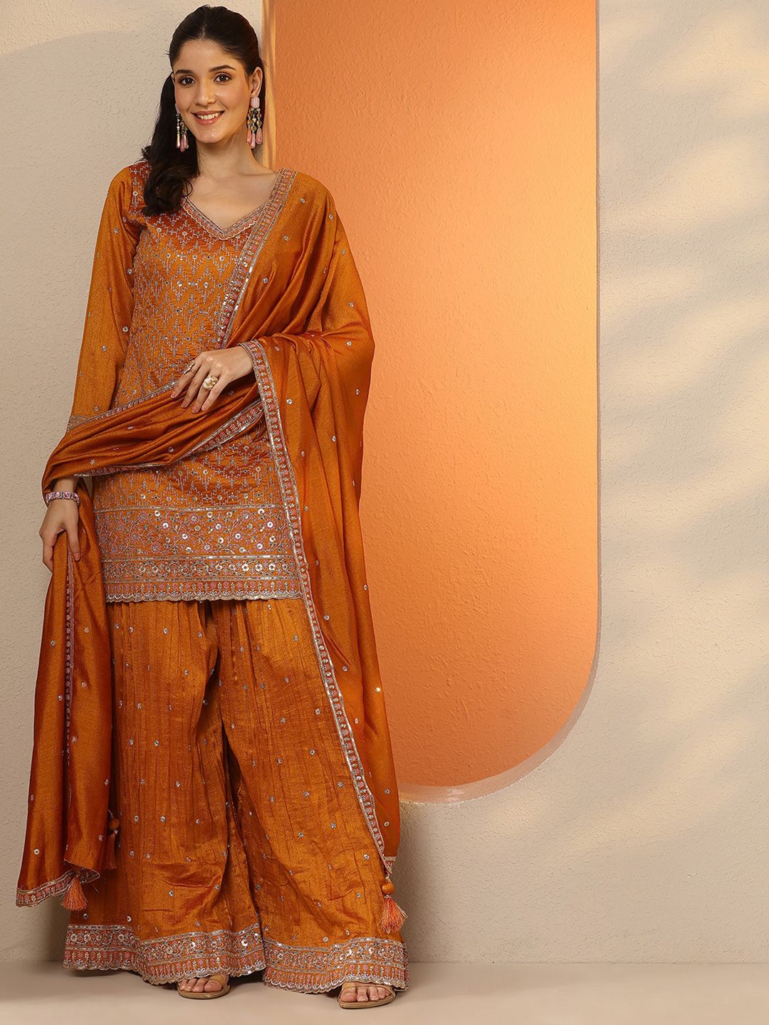 Dhiyona LL Ethnic Motifs Embroidered Regular Sequinned Kurta With Sharara & Dupatta