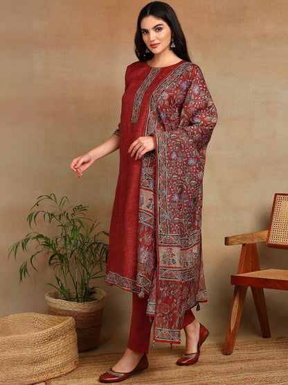 Women Ethnic Motifs Regular Chanderi Cotton Kurta with Trousers & With Dupatta