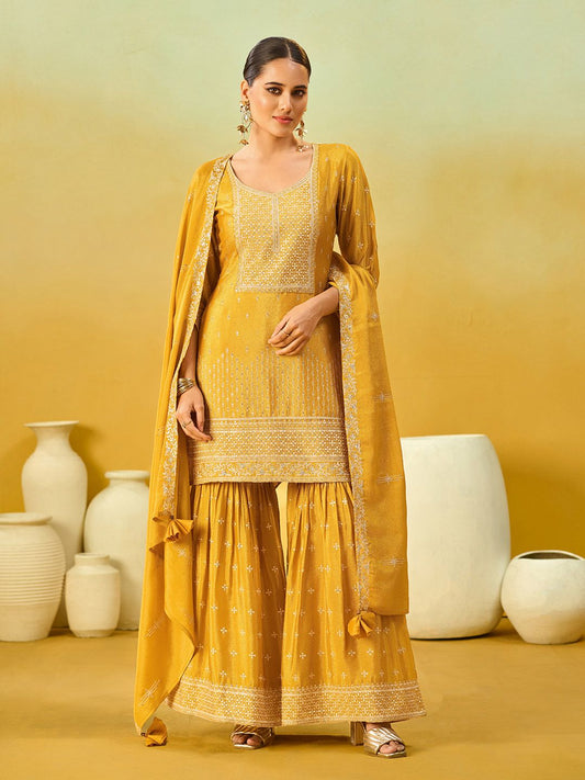 Dhiyona KL Women Ethnic Motifs Embroidered Regular Thread Work Kurta with Sharara & With Dupatta