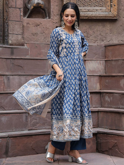 Dhiyona RR Women's Ethnic Motifs Printed Regular Sequinned Pure Cotton Kurta with Trousers & With Dupatta