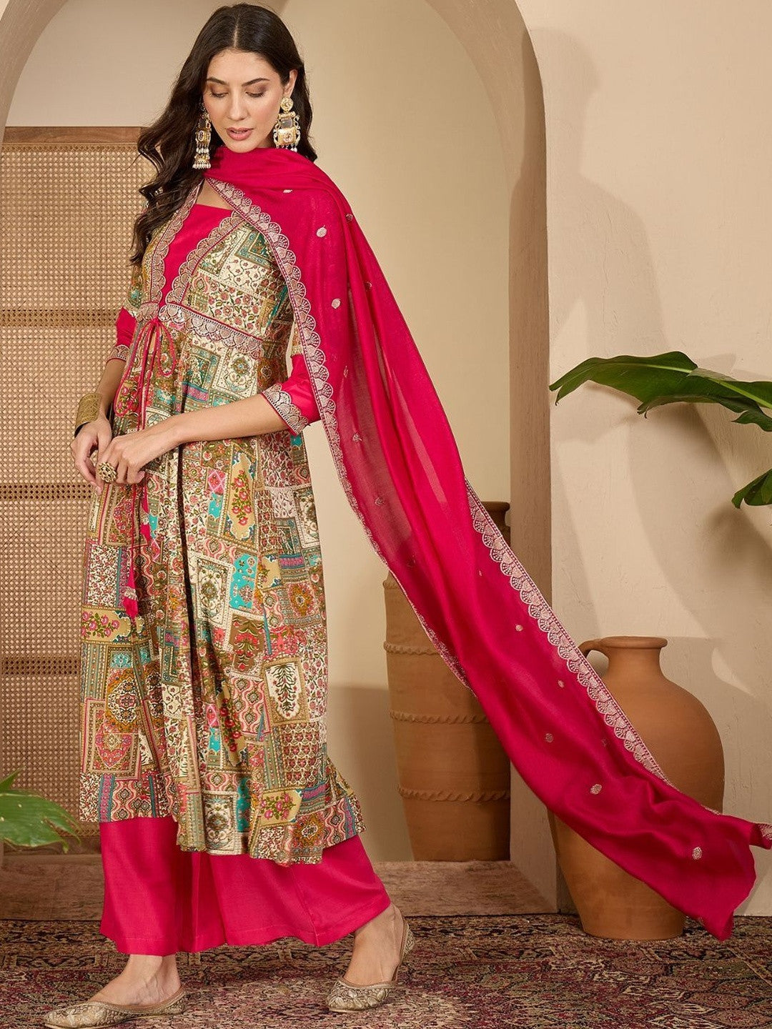 Embroidered V-Neck Anarkali Kurta & Palazzos With Dupatta
