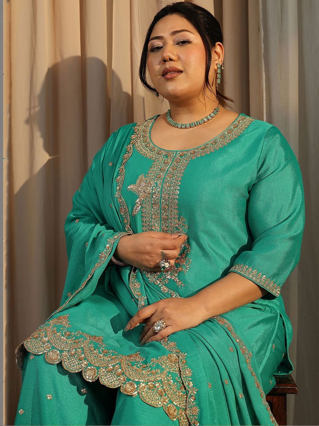 Dhiyona Women's Plus Size Ethnic Motifs Embroidered Kurta with Palazzo & Dupatta