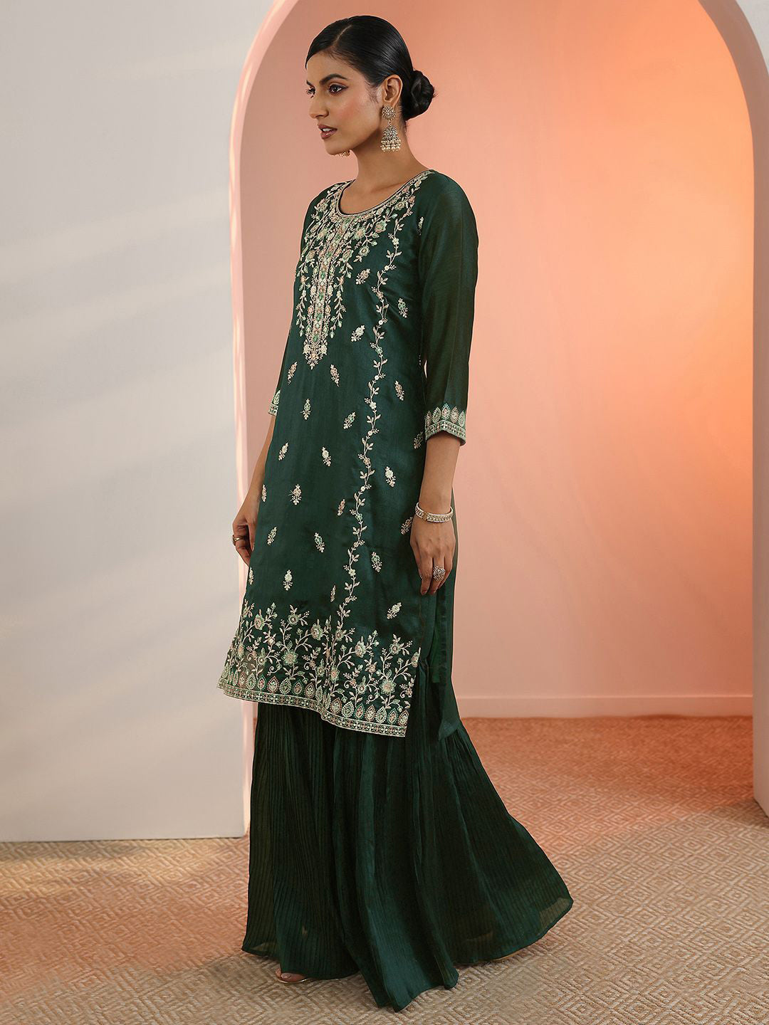 Floral Embroidered Thread Work Round Neck Chinon Kurta With Sharara & Dupatta