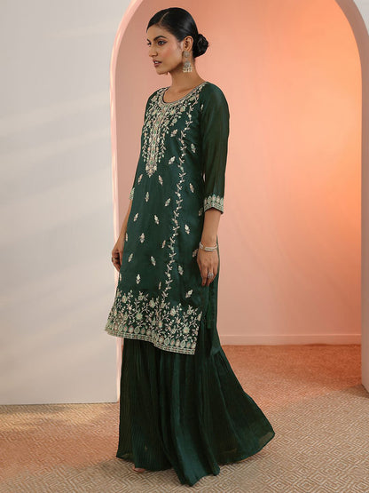 Floral Embroidered Thread Work Round Neck Chinon Kurta With Sharara & Dupatta