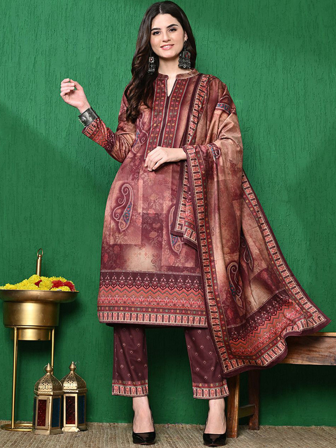 Paisley Printed Winter Velvet Straight Kurta & Trouser With Dupatta