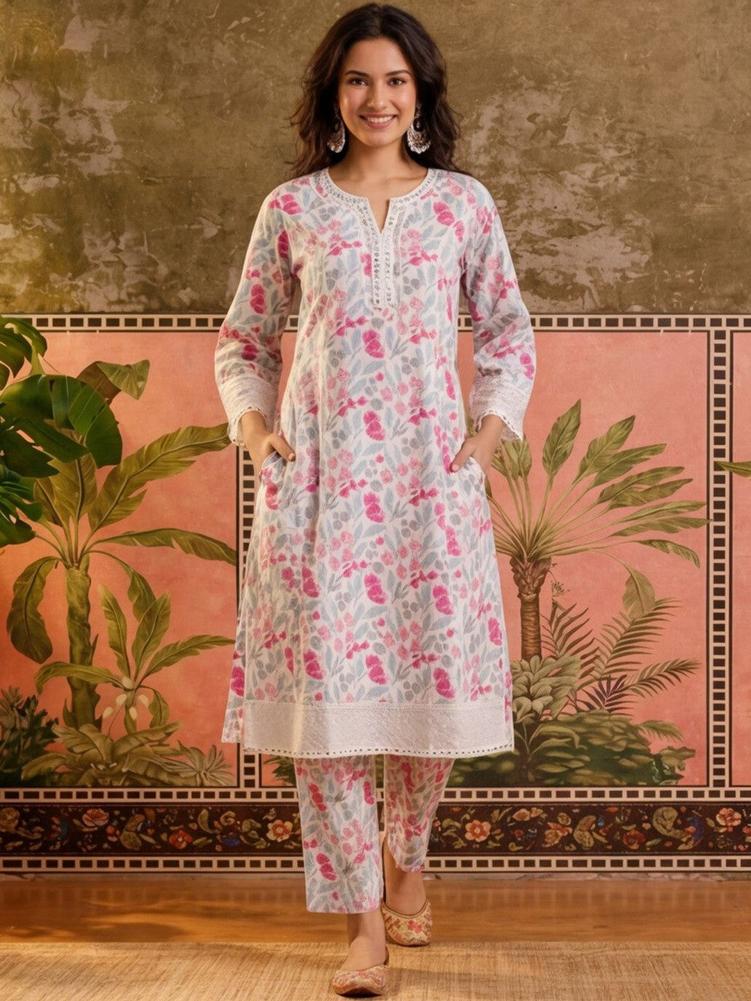 Printed Pure Cotton V-Neck Kurta & Trousers