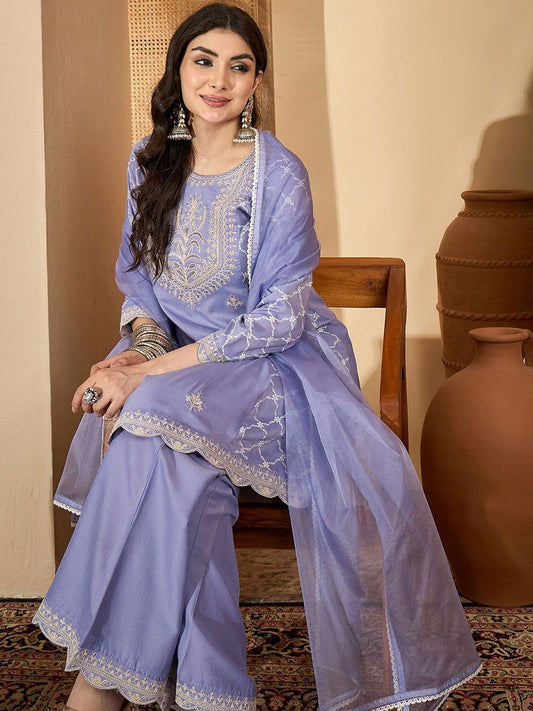 Dhiyona SN Floral Embroidered Thread Work Chinon Silk A-Line Kurta With Palazzos & Dupatta