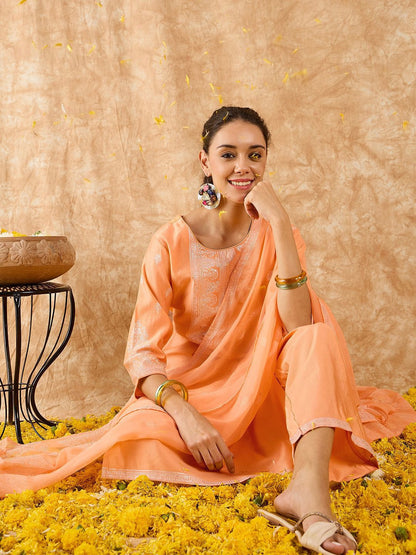 Ethnic Motifs Printed Straight Liva Kurta with Trousers & Dupatta