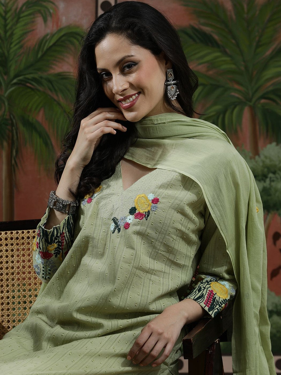 Embroidered Pure Cotton V-Neck Kurta & Trousers Kurta Sets