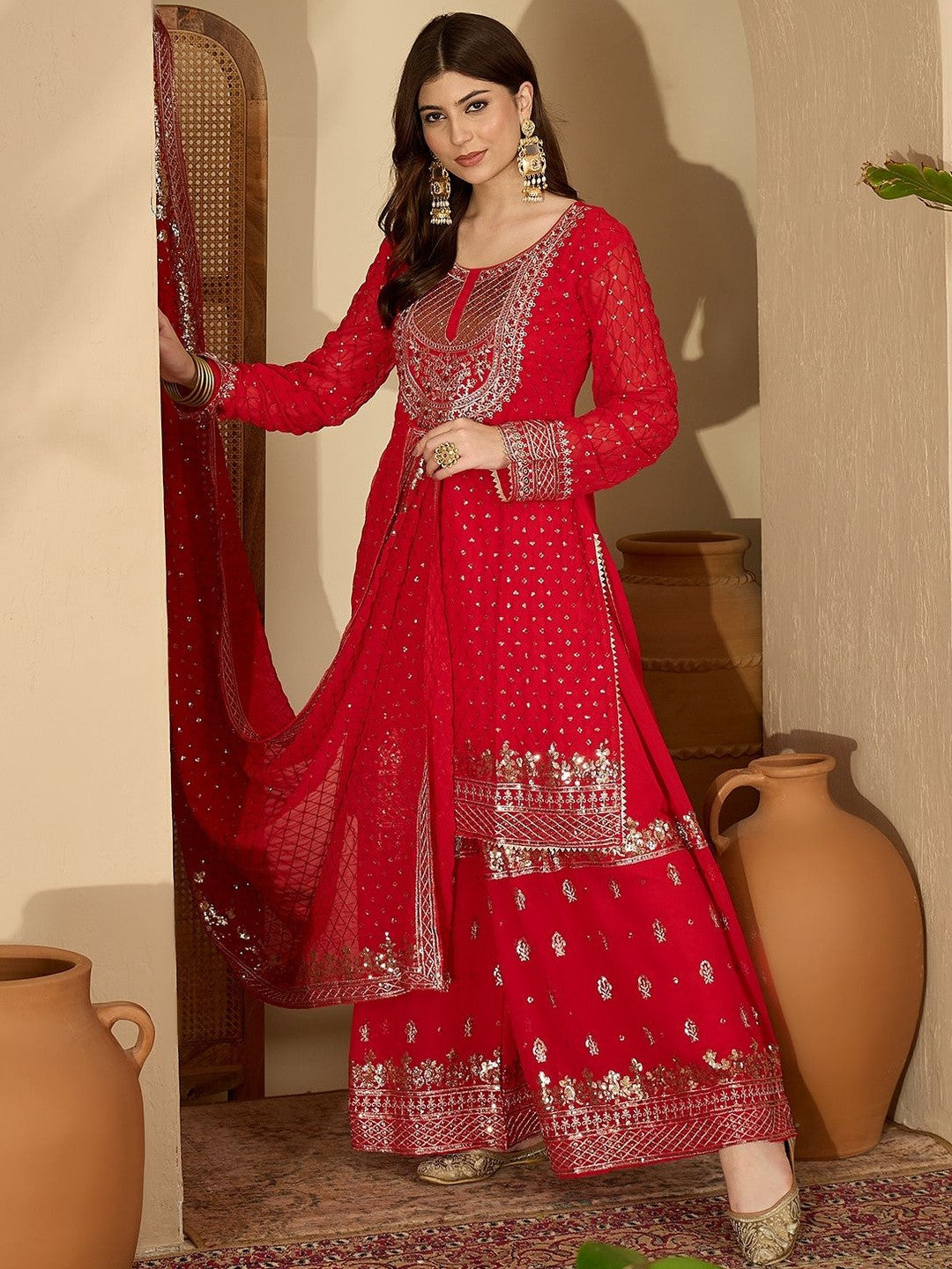 Ethnic Motifs Embroidered Panelled Gotta Patti Kurta With Palazzos & Dupatta