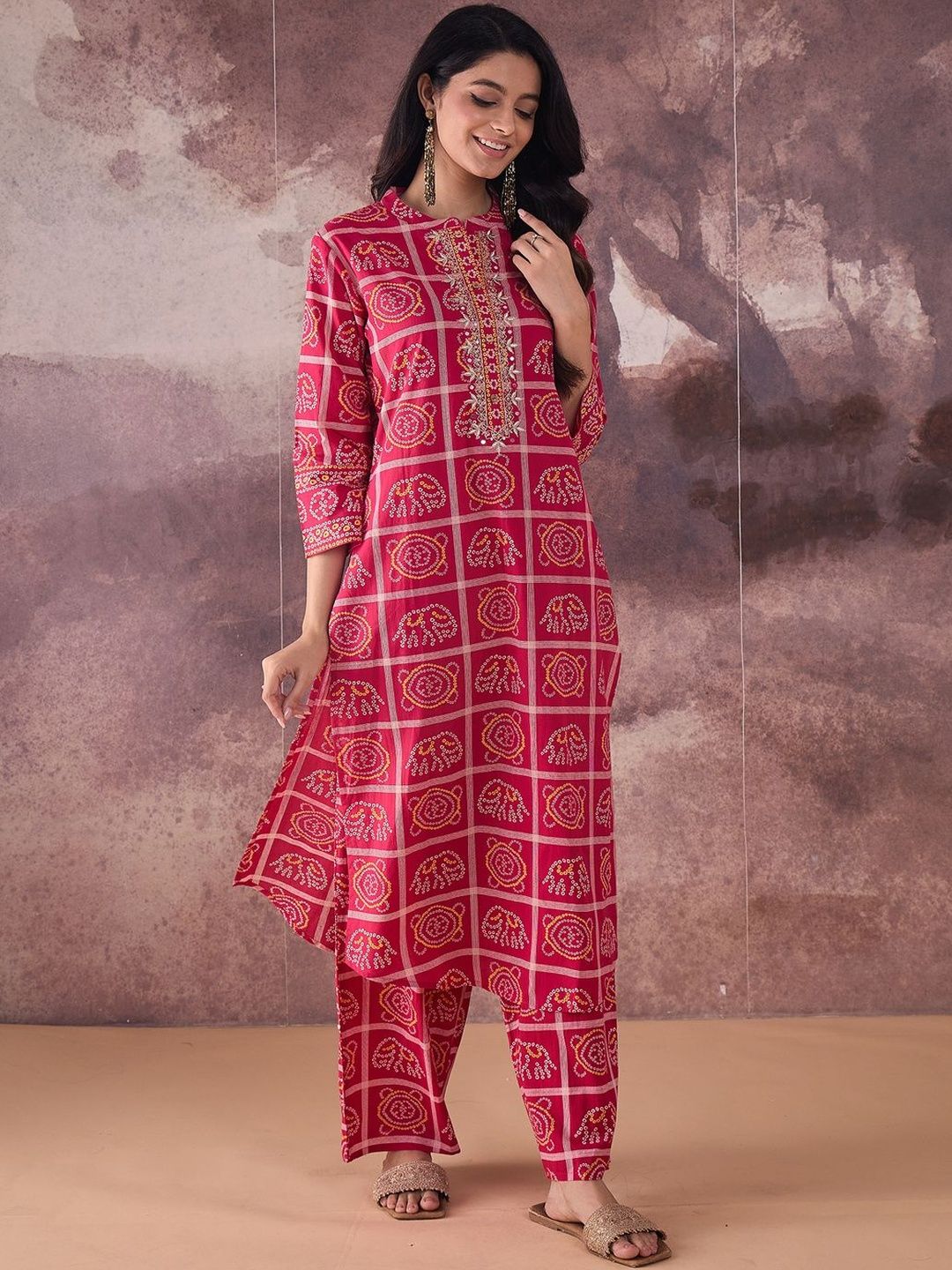 Dhiyona IE Ethnic Motifs Printed Mirror Work Pure Cotton Kurta With Trousers