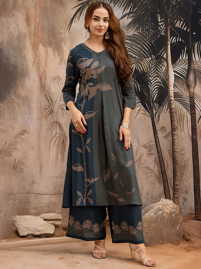 Floral Printed With Embroidered Kurta With Palazzos