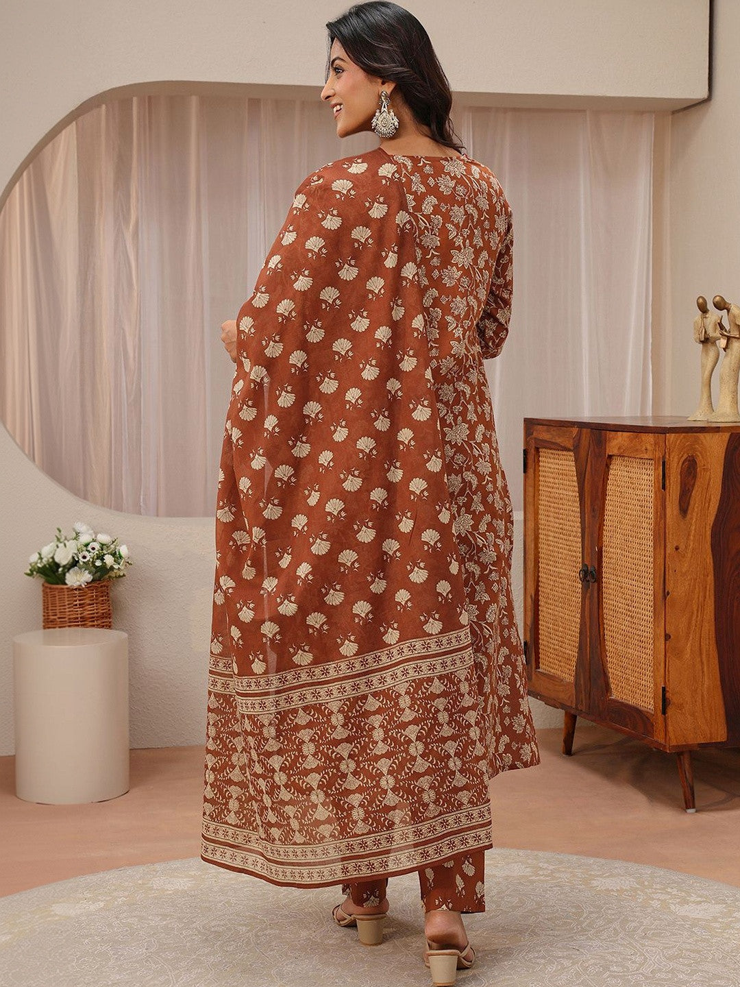 Rust Floral Printed Cotton Straight Suit Set
