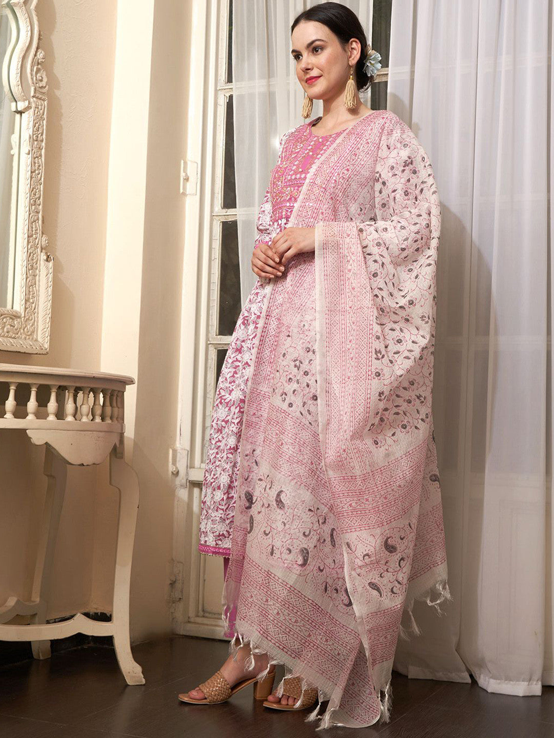 Mauve Floral Printed Mirror Work Pure Cotton Kurta With Trouser And Dupatta