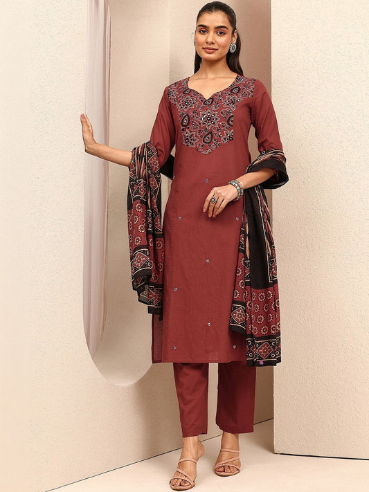 Women Ethnic Motifs Embroidered Mirror Work Notch Neck Kurta With Trousers & Dupatta