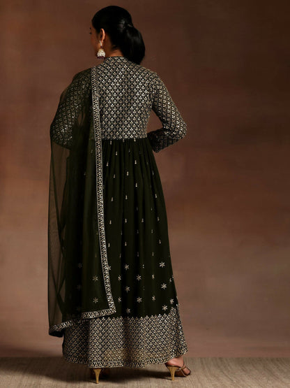 Women's LB Chandni Olive Embroidered Georgette A-Line Kurta With Trousers & Dupatta