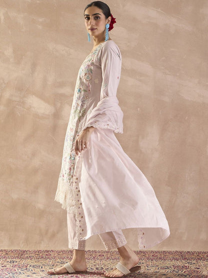 Floral Embroidered V-Neck Thread Work Pure Cotton Kurta With Trousers & Dupatta