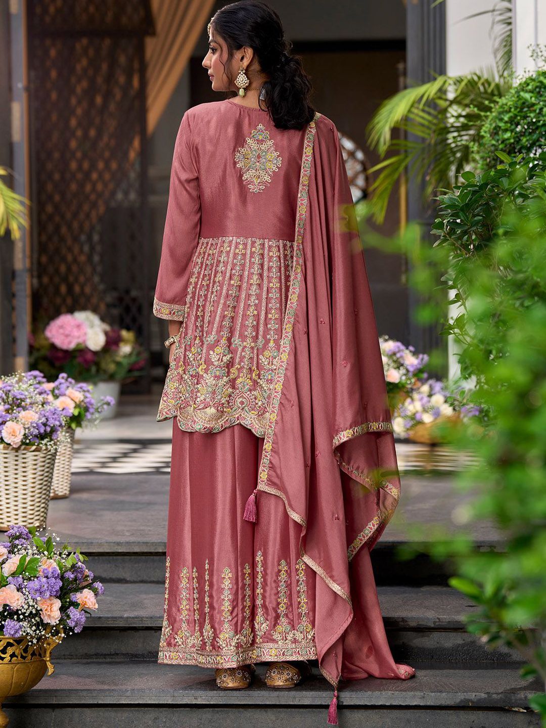 Dhiyona IE Floral Embroidered Sequinned Chinon A-Line Kurta With Palazzos & Dupatta