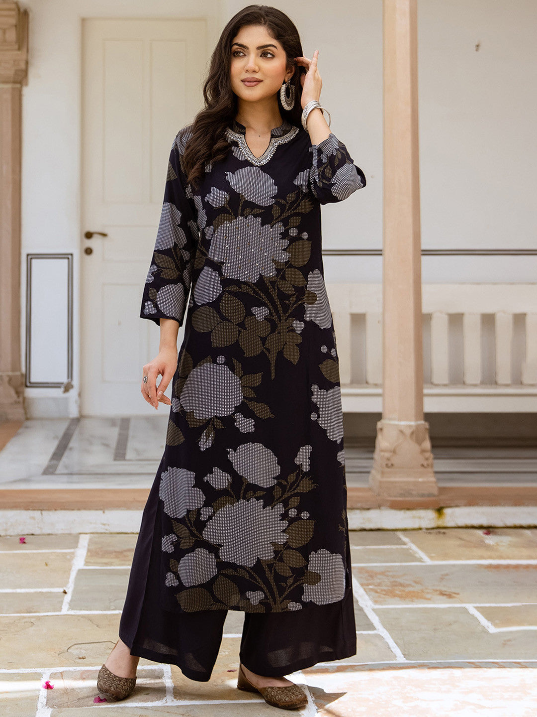Floral Printed Notch Neck Sequinned Straight Kurta & Palazzos