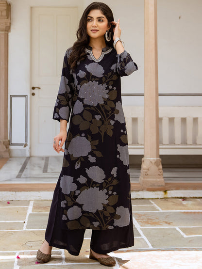 Floral Printed Notch Neck Sequinned Straight Kurta & Palazzos