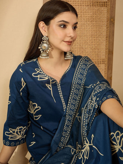 Printed Pure Cotton Round Neck Kurta & Trousers Kurta Set