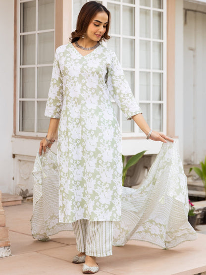 Printed Pure Cotton Straight Kurta With Trousers & Dupatta