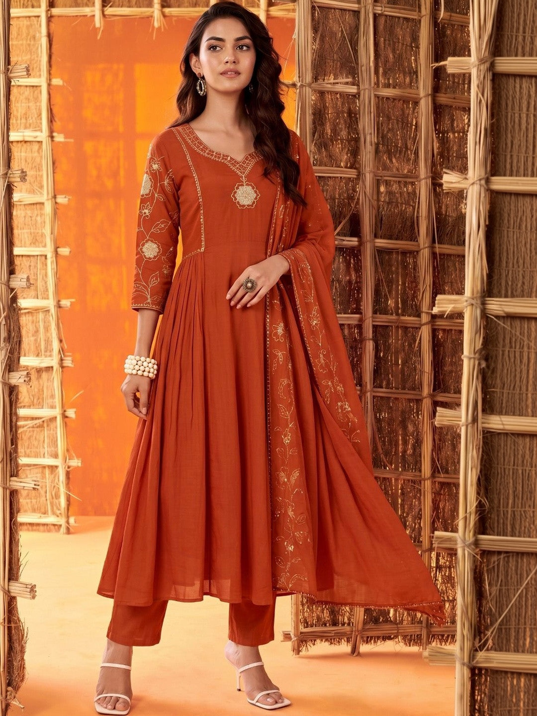 Women Floral Embroidered Pleated Kurta with Trousers & Dupatta