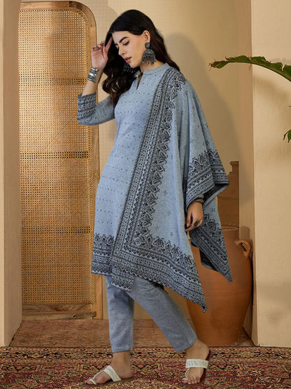 Woven Design Pure Wool Mandarin Collar Kurta & Trousers With Dupatta