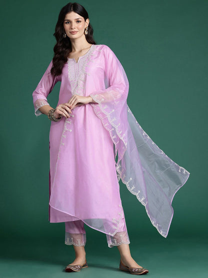 Ethnic Motifs Embroidered Thread Work Liva Kurta with Trousers & With Dupatta