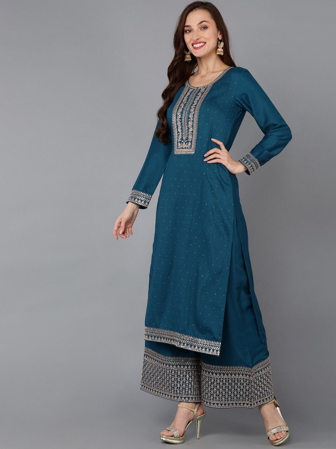 Dhiyona KL Embroidered Regular Sequinned Kurta with Palazzos & Dupatta