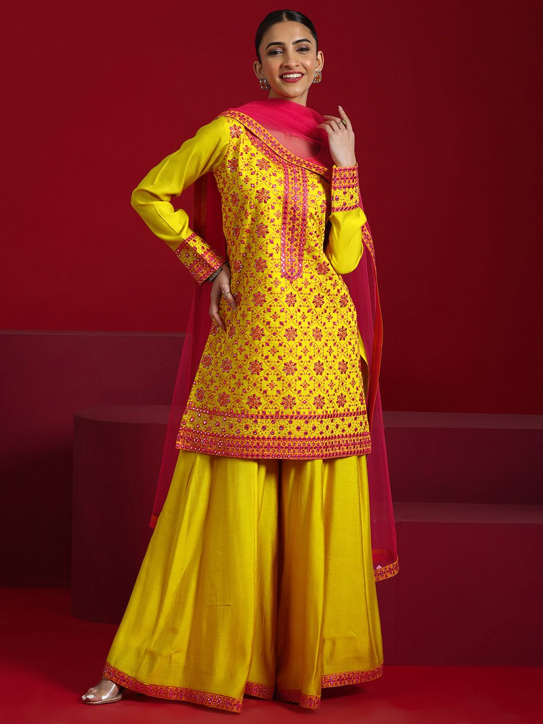 Dhiyona LL Floral Embroidered Mirror Work Straight Kurta With Palazzos & Dupatta
