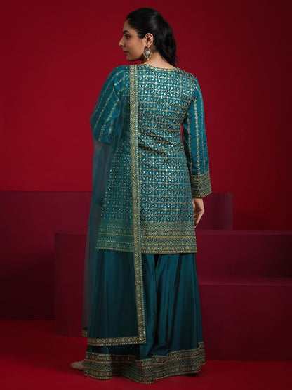 Dhiyona LL Ethnic Motifs Embroidered Mirror Work Straight Kurti with Palazzos & Dupatta
