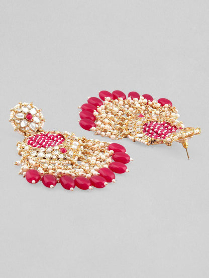 Dhiyona RJ Women's 18K Gold Plated Handcrafted Kundan & Beaded Chandelier with Red and Pearl Accents
