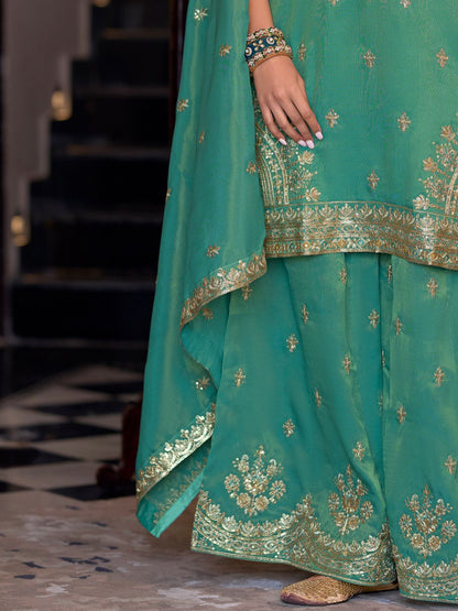 Dhiyona IE Ethnic Motifs Embroidered Sequinned Straight Kurta Palazzos With Dupatta