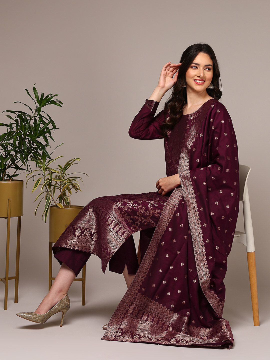 Dhiyona KL Floral Woven Design Zari Straight Kurta With Trousers & Dupatta