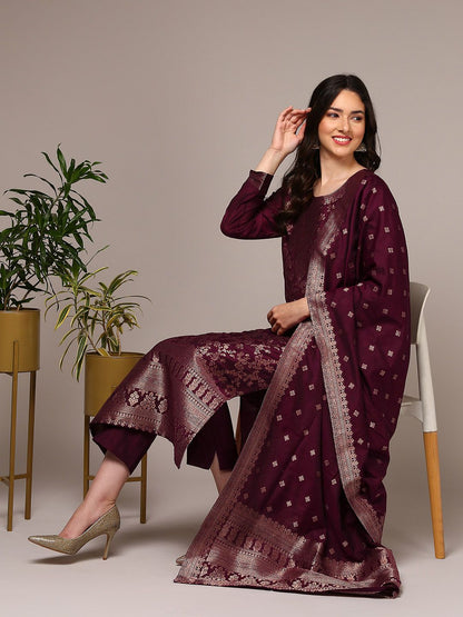 Dhiyona KL Floral Woven Design Zari Straight Kurta With Trousers & Dupatta