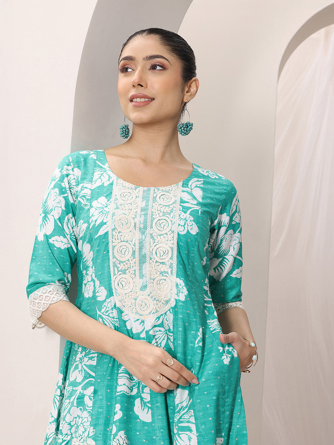 Womens Blue Printed Anarkali Kurta With Trousers & Dupatta
