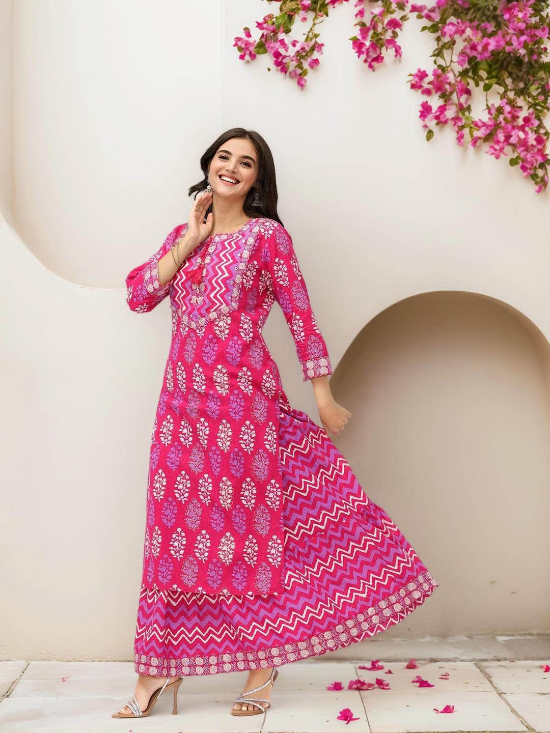 Dhiyona IS Women's Ethnic Motifs Printed Thread Work Pure Cotton Straight Kurta With Skirt