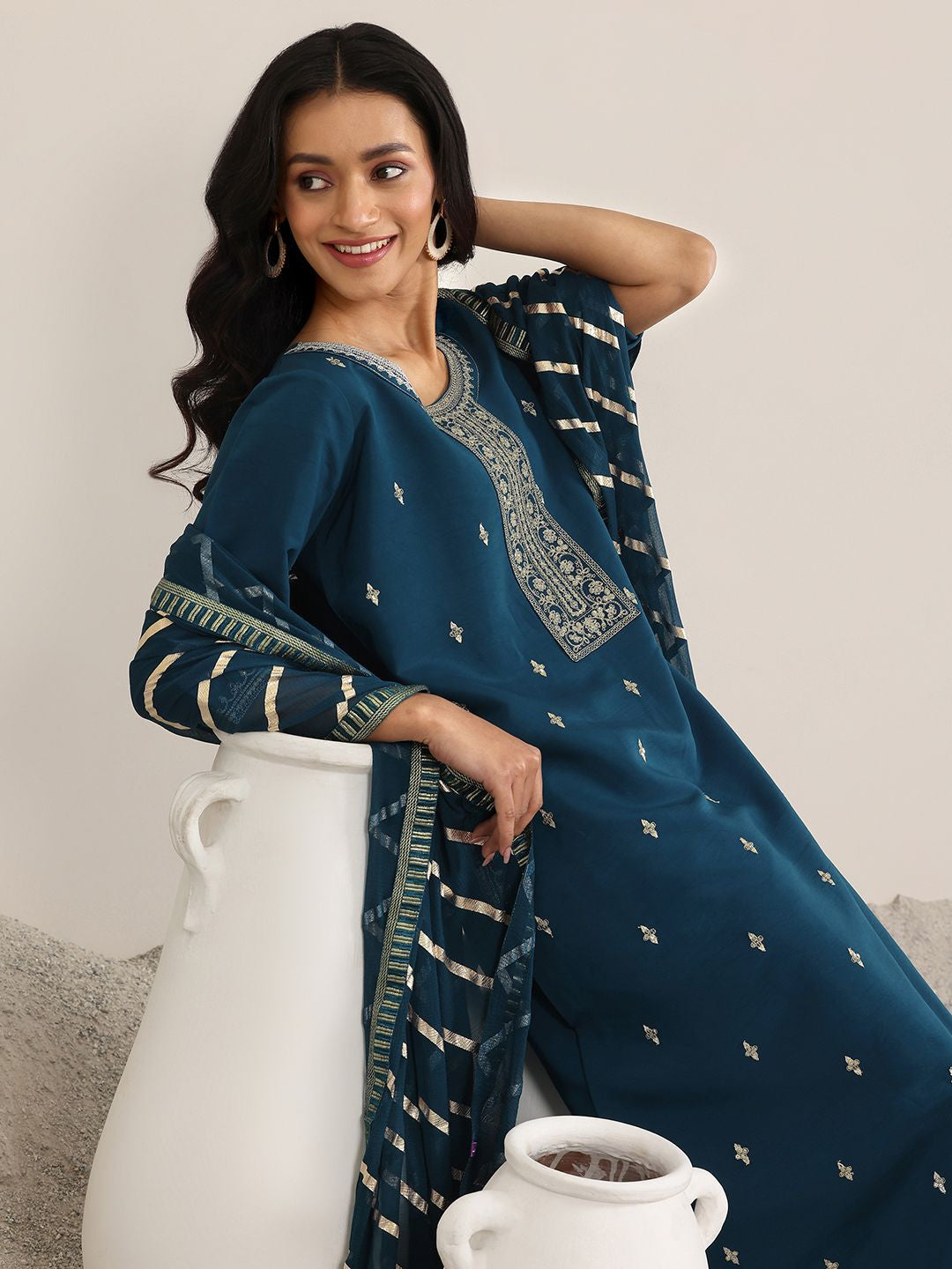 Blue Round Neck Floral Zari Embroidered A-Line Kurta With Trouser And Dupatta