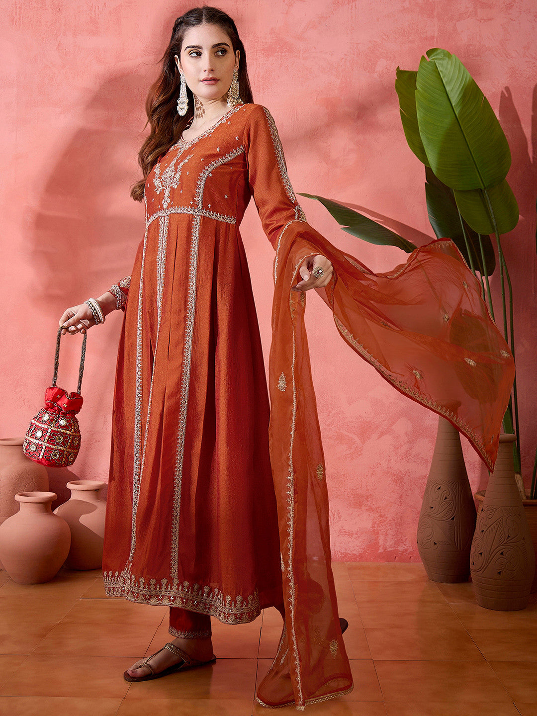 Orange Floral Embroidered Panelled Zari A-Line Kurta With Trousers And Dupatta
