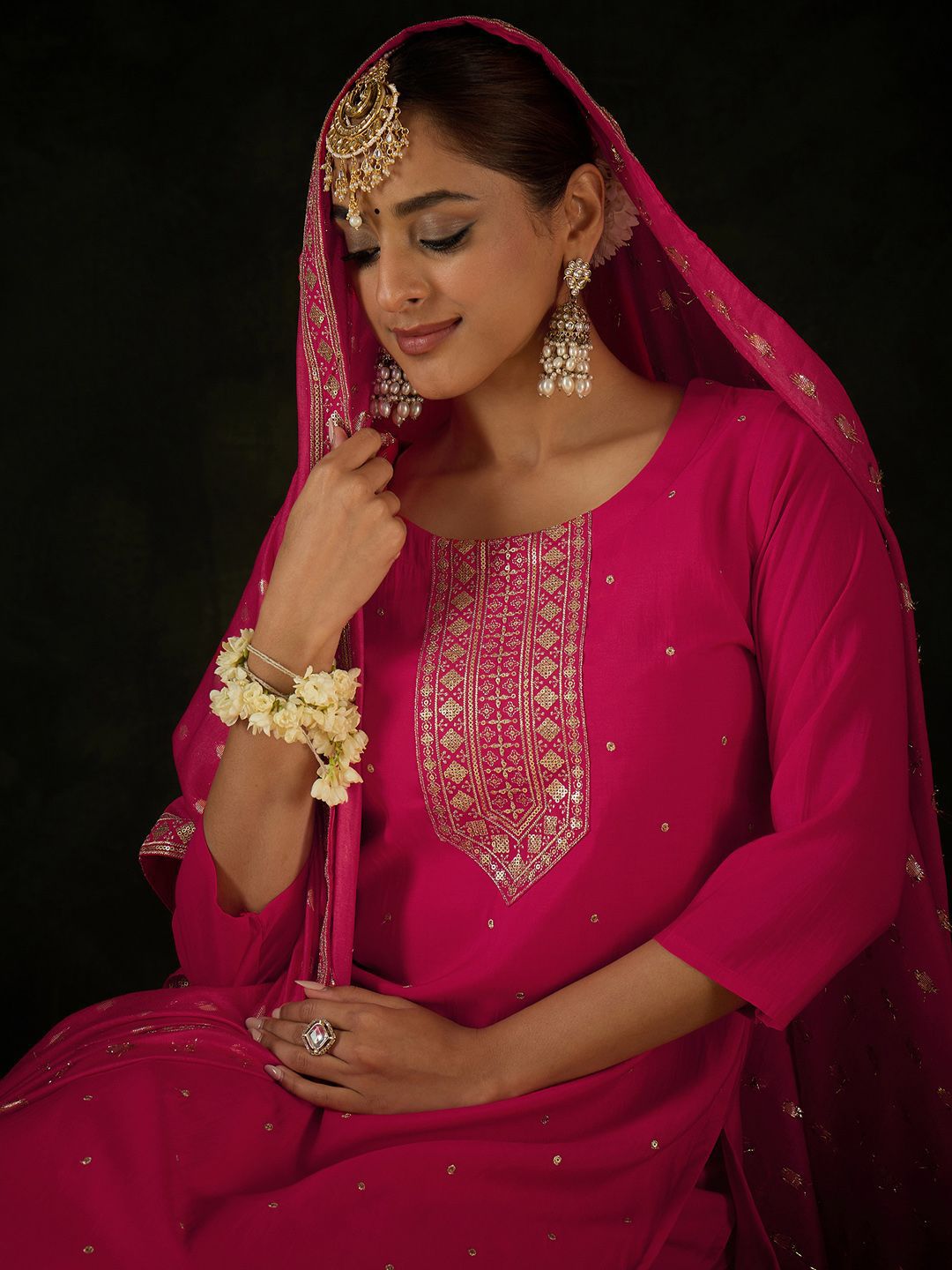 Dhiyona IE Women Ethnic Motifs Embroidered Regular Sequinned Kurta with Trousers & With Dupatta
