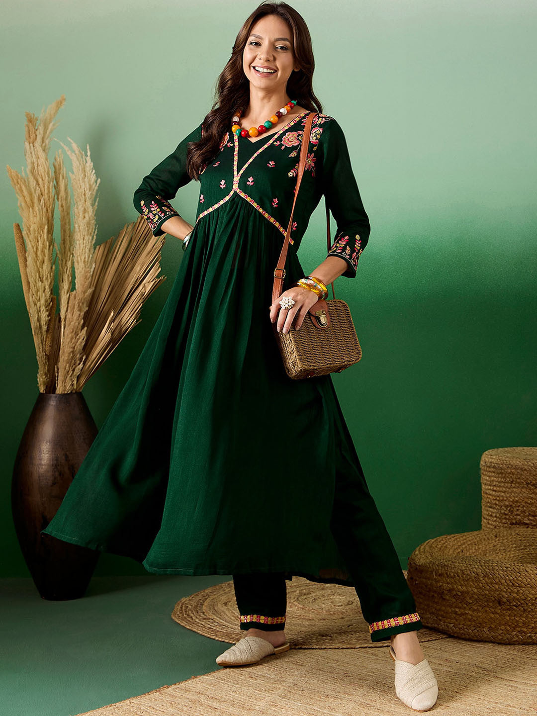Embroidered A-Line Pleated Kurta With Trouser