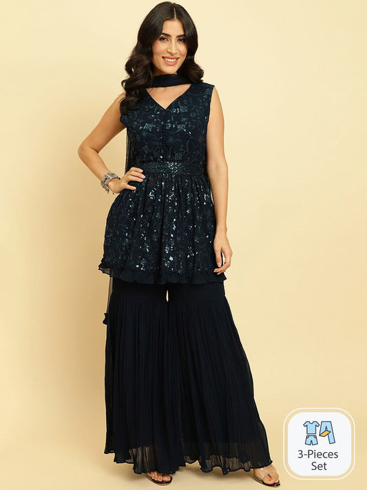 Dhiyona VA Floral Embroidered Empire Sequinned Silk Georgette Kurta With Sharara & Dupatta