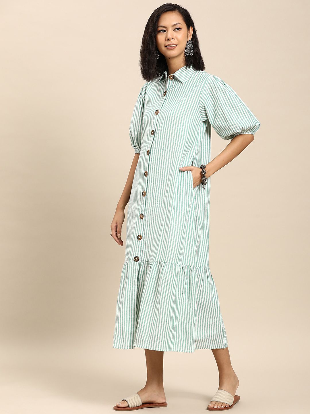 Dhiyona AY Women's Striped Puff Sleeve A-Line Cotton Midi Dress