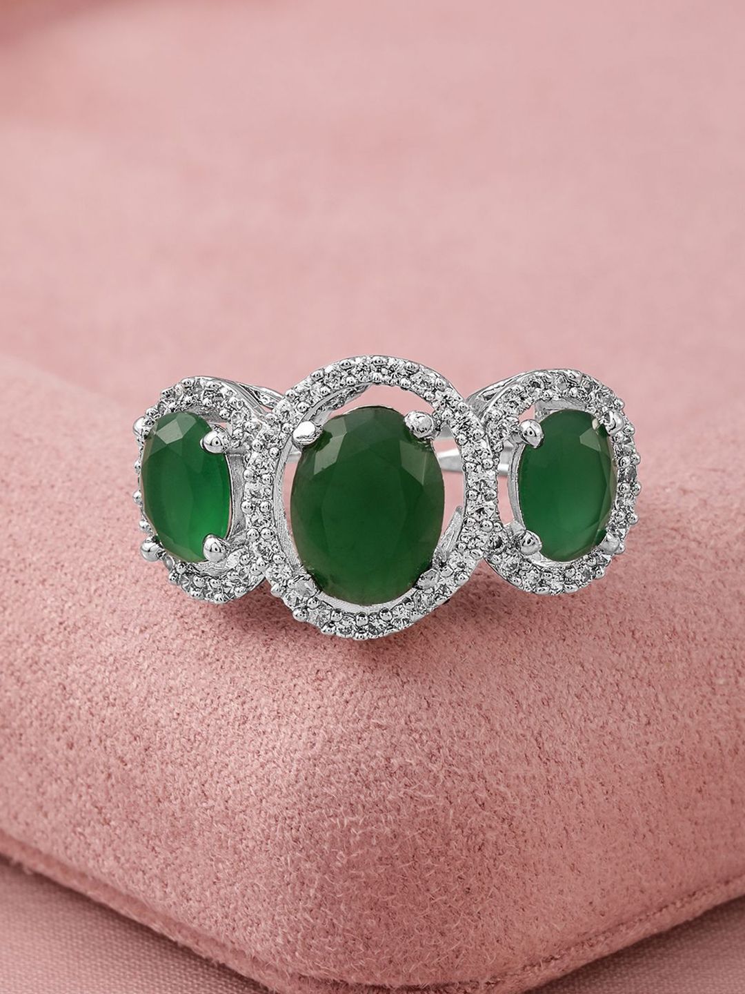 Dhiyona RJ Women's Rhodium-Plated Emerald Green & Cubic Zirconia Studded Adjustable Finger Ring