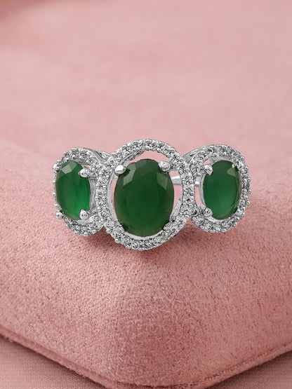 Dhiyona RJ Women's Rhodium-Plated Emerald Green & Cubic Zirconia Studded Adjustable Finger Ring