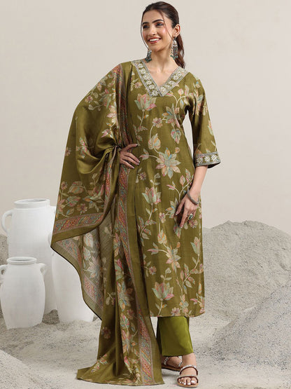 Floral Printed Straight Kurta with Trousers & Dupatta