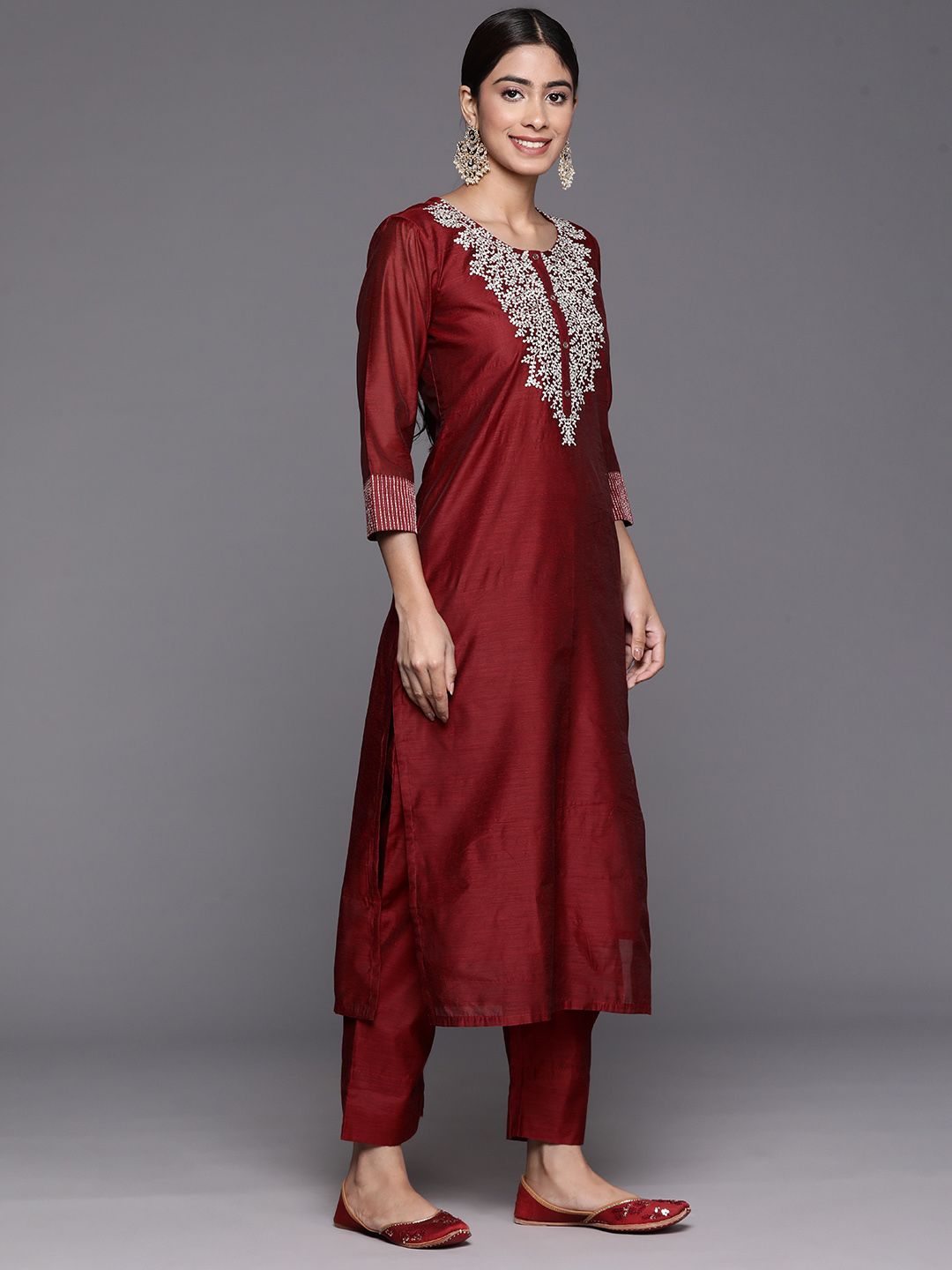 Maroon Floral Embroidered Regular Chanderi Silk Zari Kurta with Trousers & Dupatta