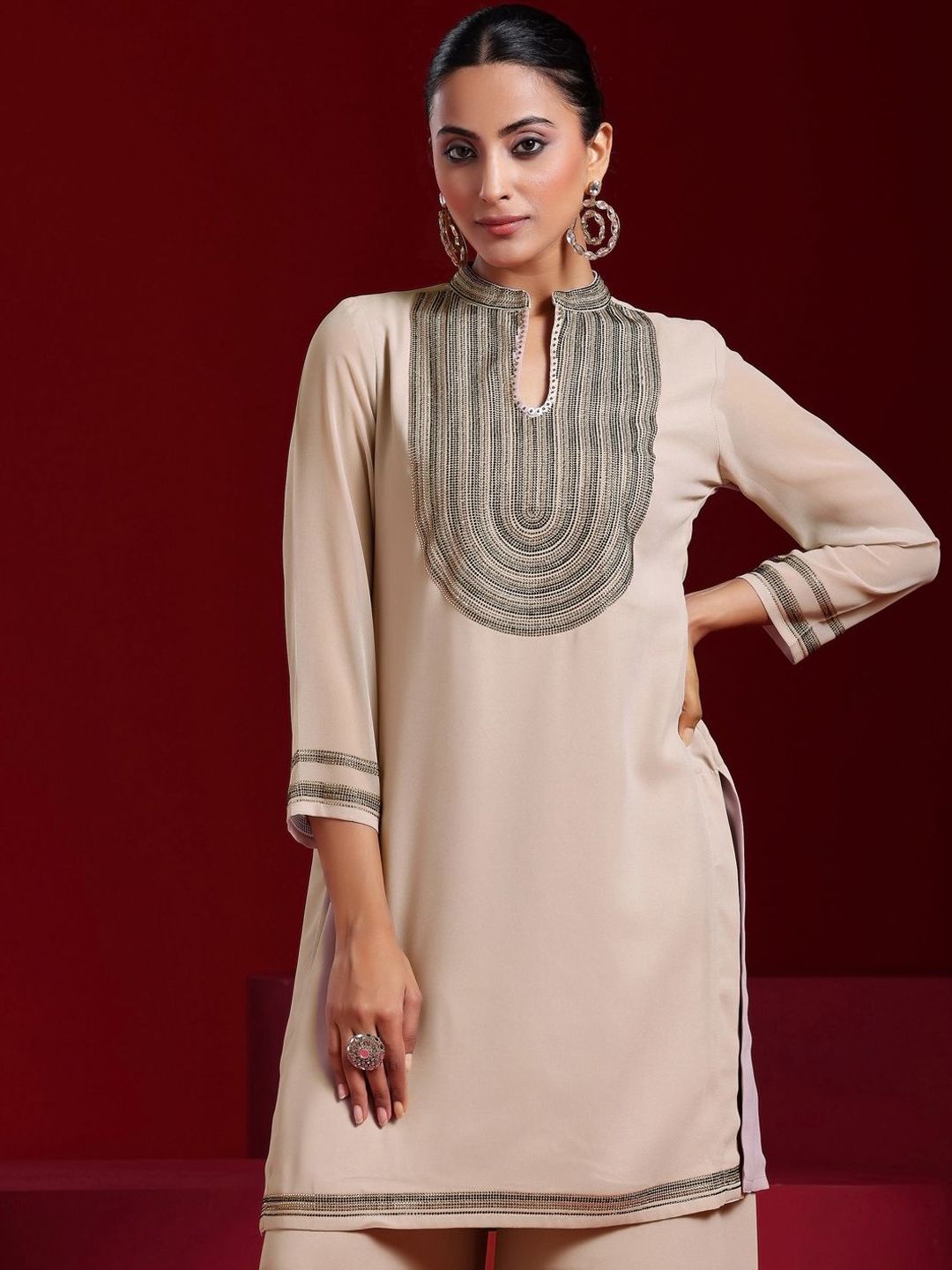 Dhiyona LL Yoke Design Regular Beads And Stones Straight Kurta With Palazzos & Dupatta